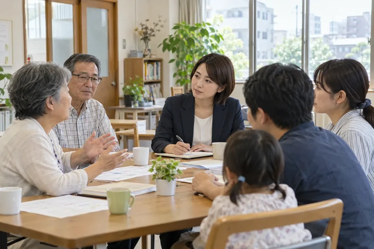 住民の話に耳を傾ける女性議員と地域住民