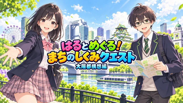 大阪の街並みを背景に、タイトルロゴを挟んではるとめぐるが並ぶイラスト