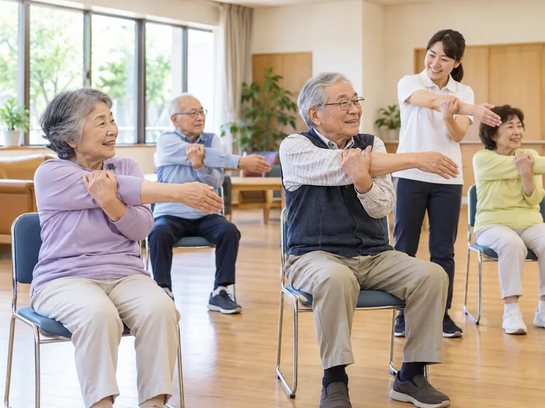 地域の集会室で高齢者が椅子に座って腕を伸ばす体操をしている様子